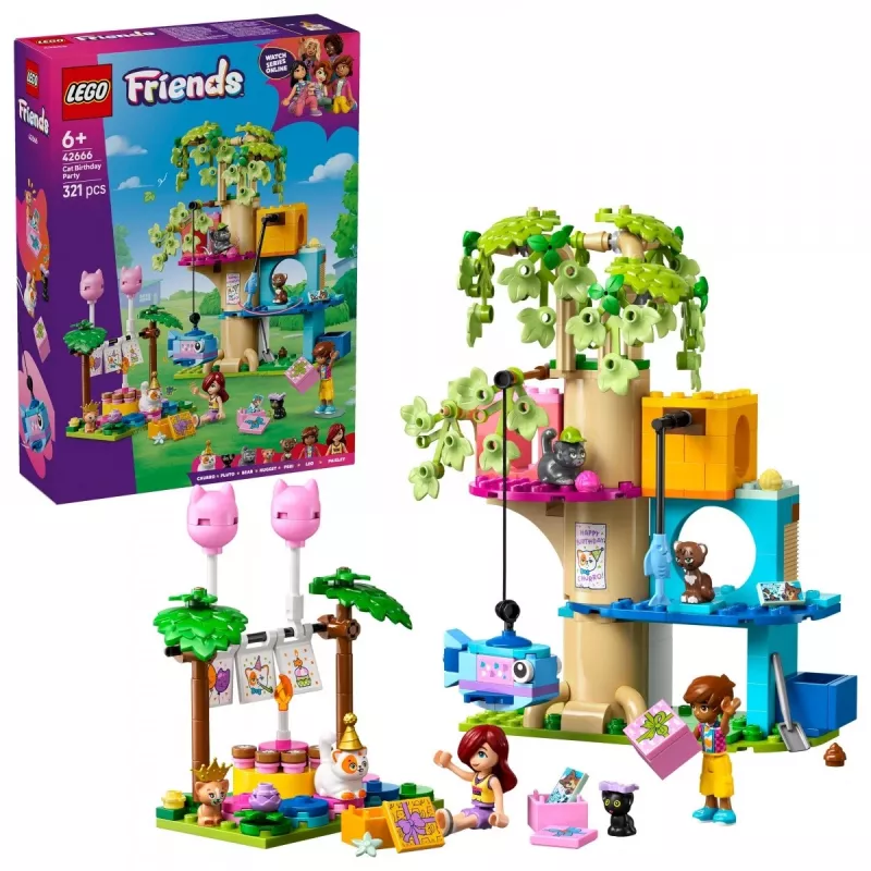 Brinquedo de construção LEGO Friends 42666 conjunto de brincar casa na árvore da festa de aniversário dos gatos, 321 peças, 6+ anos, 180×160×100 mm