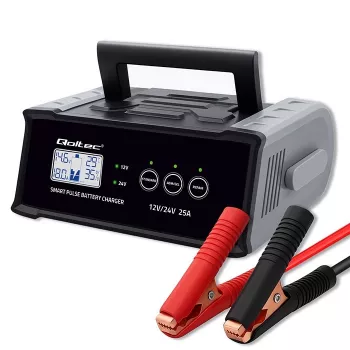 Carregador de bateria QOLTEC 52514 — 12V/24V, 25A, para baterias AGM/GEL/SLA com visor LCD