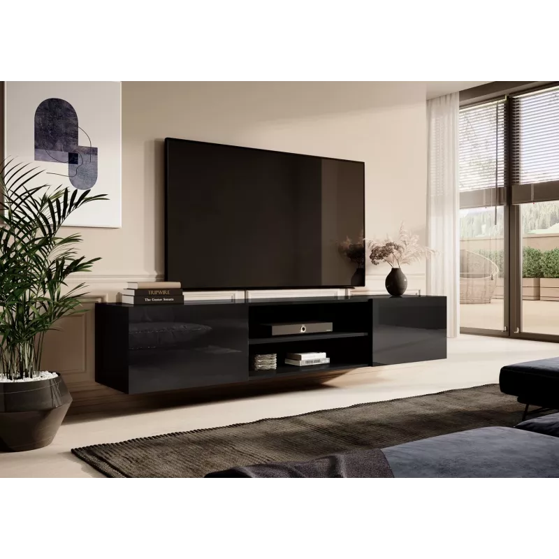 Móvel de TV Cama Meble SLIDE 200K — 200x40x37 cm, preto brilhante, tampo de aglomerado