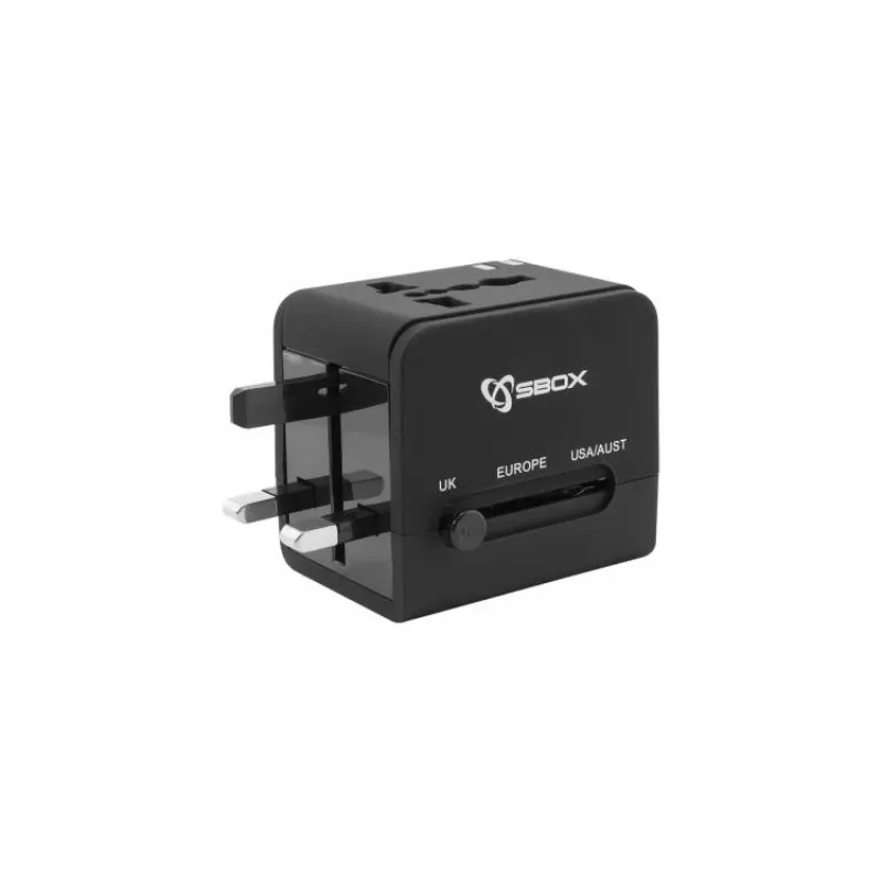 Adaptador de viagem SBOX TA-23 com carregador duplo USB e compatibilidade universal de fichas