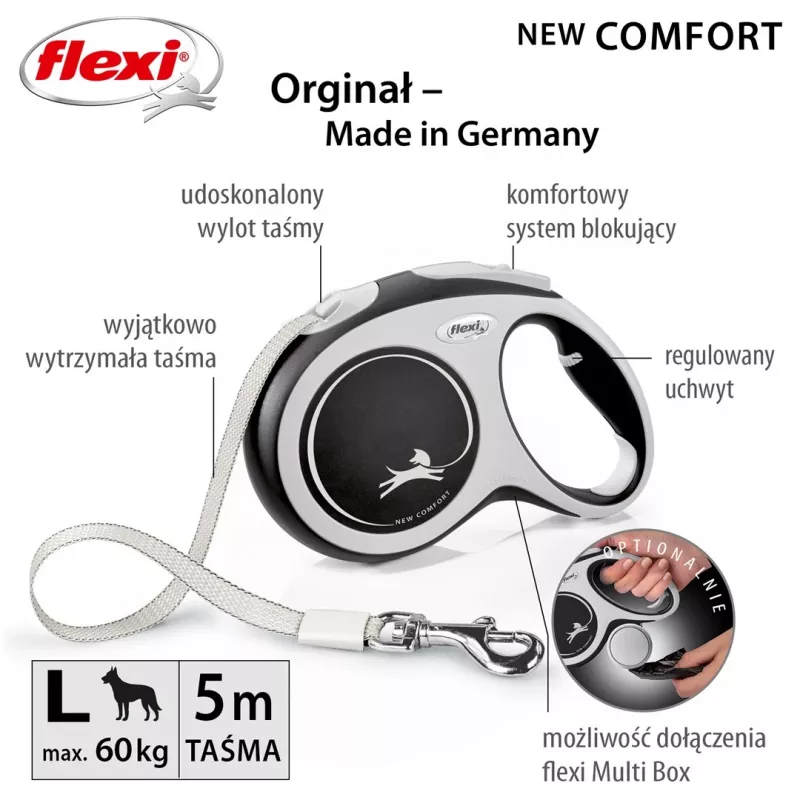 Trella retrátil Flexi New COMFORT 8 m preta, cinzenta para cão