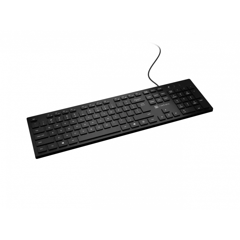 Teclado multimédia fino com fios NATEC HERRING — preto, layout low-profile, teclas multimédia