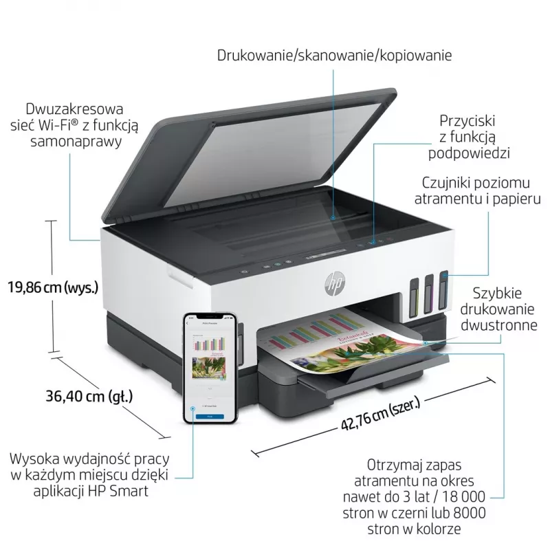 Impressora multifunções HP Smart Tank 720 — jato de tinta térmico, cor, A4, Wi‑Fi, duplex, 4800x1200 dpi