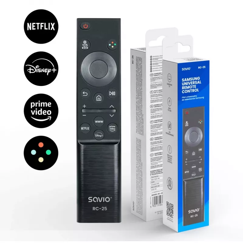 Comando de TV infravermelho SAVIO RC-25, entrada por botões, preto, alcance até 10 m, para 1 dispositivo, utiliza 2x AAA