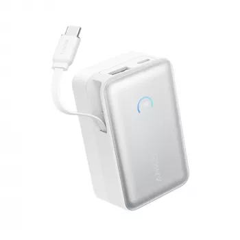 Powerbank Anker A1638 10000 mAh, 45 W de potência total de saída, branco, cabo USB-C retrátil integrado