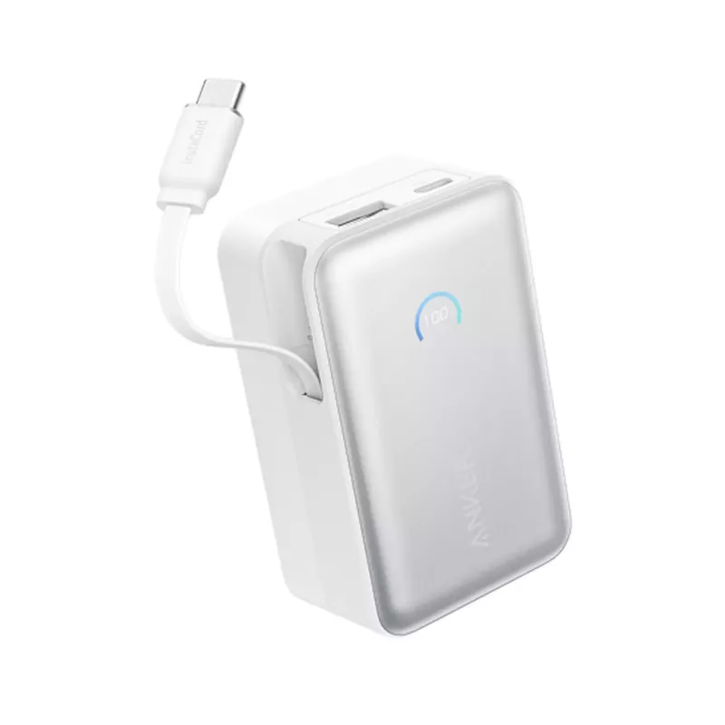 Powerbank Anker A1638 10000 mAh, 45 W de potência total de saída, branco, cabo USB-C retrátil integrado