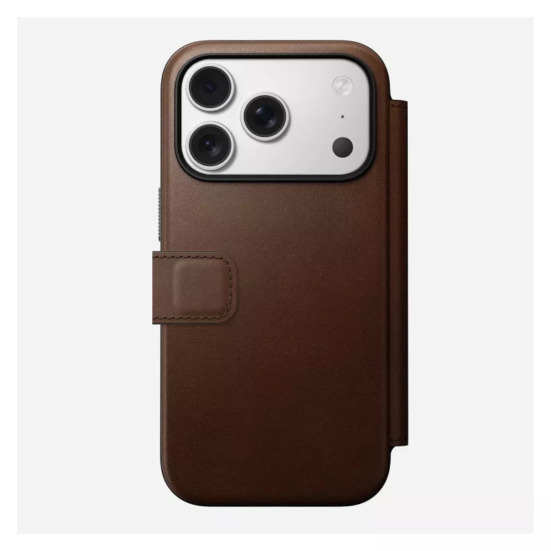 Capa de pele tipo carteira para telemóvel Nomad Modern Leather Folio para iPhone 17 Pro – castanha, compatível com 6,3 polegadas (16 cm), 4 compartimentos para cartões
