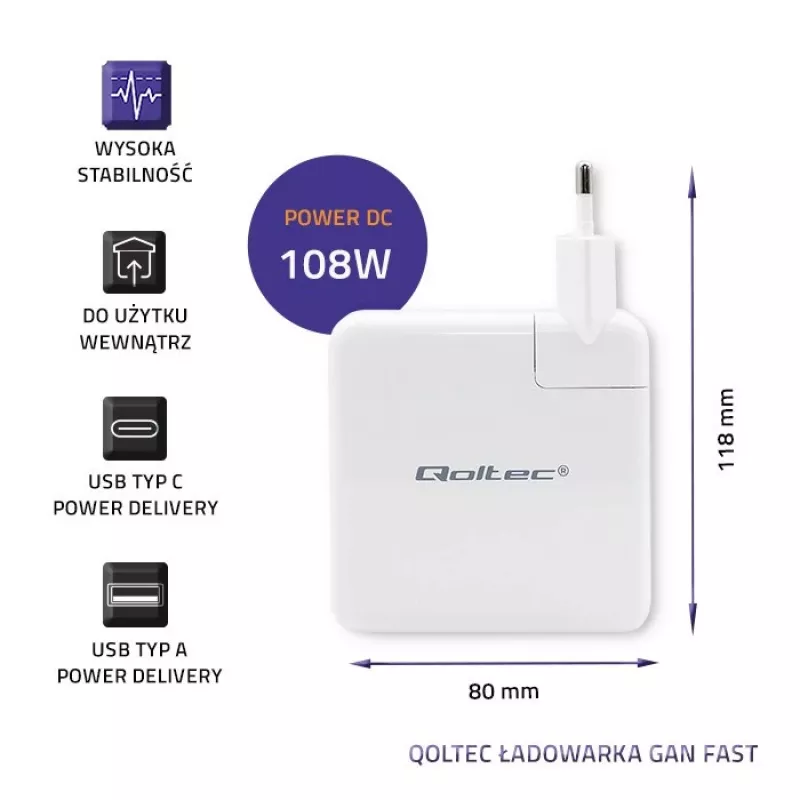 Carregador GaN Qoltec FAST 108W | 5-20V | 3-4.7A | USB C | branco
