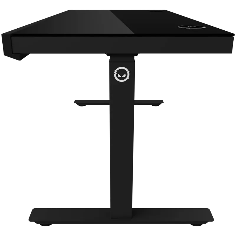Secretária gaming de altura ajustável com dois motores, função sentado/em pé, carregador sem fios, iluminação RGB, painel de controlo e portas USB, tampo em vidro temperado, preto
