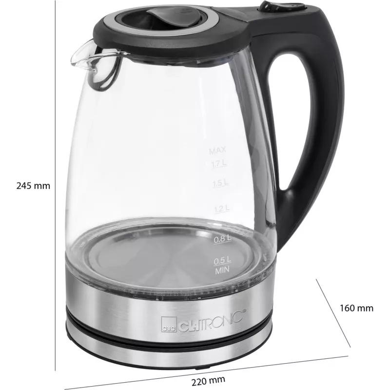 Chaleira elétrica CLATRONIC WKS 3744 G — 1,7 L, 2200 W, aço inoxidável/plástico, indicador de nível de água