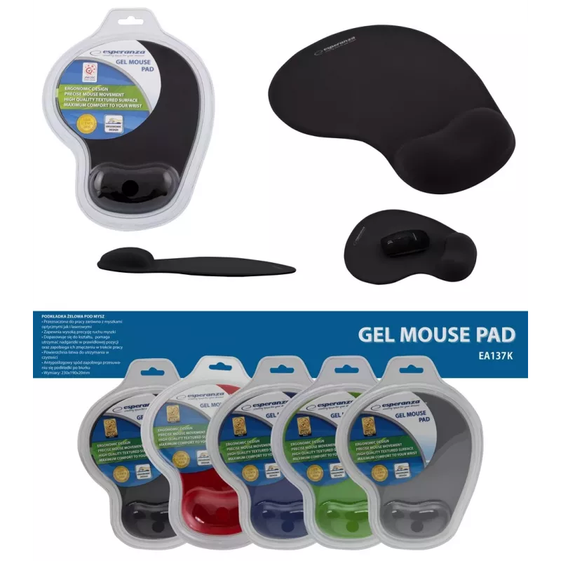 Tapete de rato ESPERANZA EA137K, preto, com apoio de gel para o pulso, base antiderrapante, utilização universal