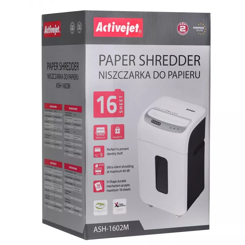 Destruidora de documentos Activejet ASH-1602M, P-5, 28 l, corte 2x14 mm, branco