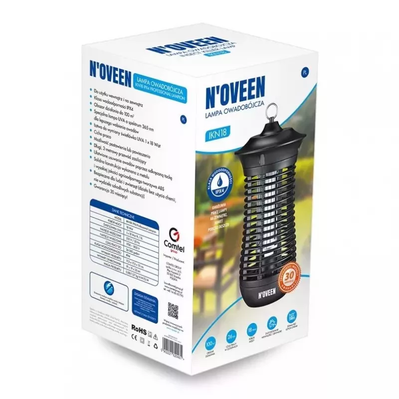 Lâmpada elétrica mata insetos NOVEEN IKN18 IPX4 — tubo UVA de 18 W, cobertura de 100 m², 1700–1800 V, interior/exterior, suspensível, metal, preta