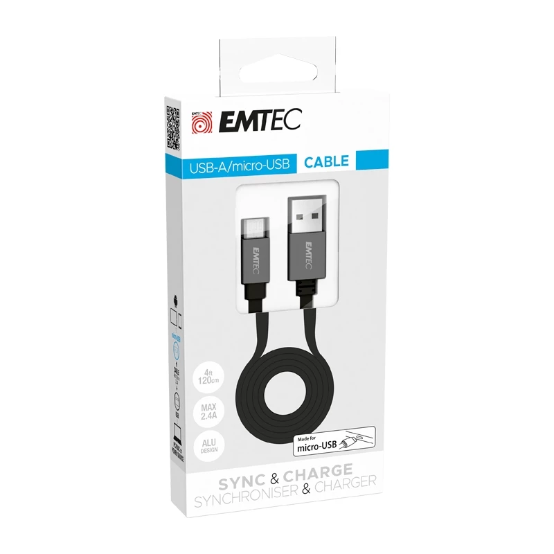 Cabo USB Emtec T700B 1,2 m USB A Micro-USB B preto
