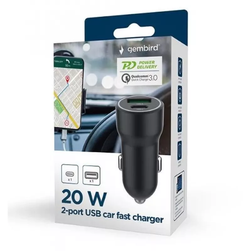 Adaptador de carro Gembird - USB Type-A e C PD - 20W
