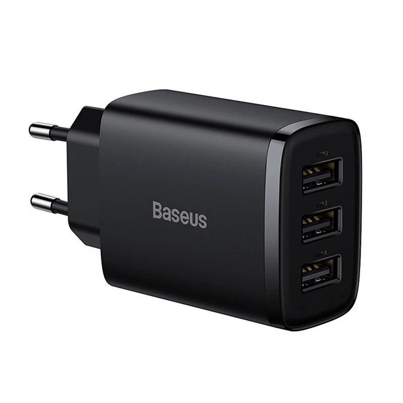 Carregador rápido compacto Baseus, 3x USB, 17 W (Preto)