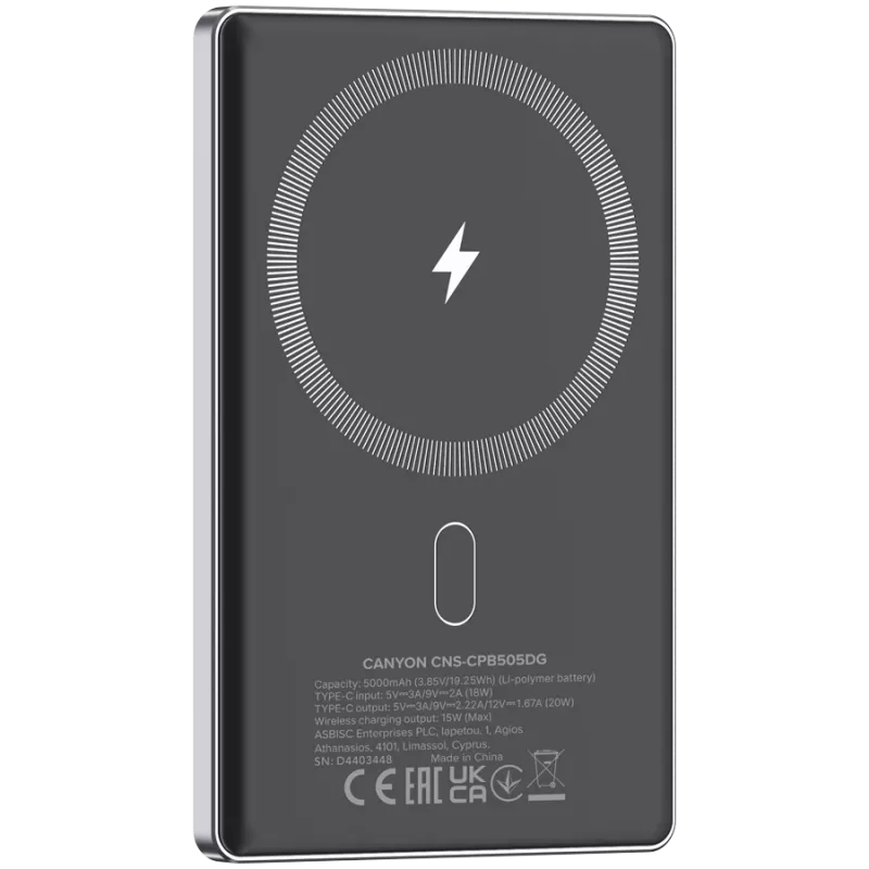 Canyon OnPower 505 - Powerbank - 5.000 mAh - entrada USB-C - saída USB-C PD 20W + Wireless Magnet 1