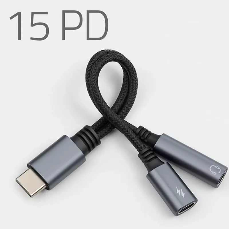 Adaptador 2 em 1 USB-C para USB-C e jack de 3,5 mm PD 15W