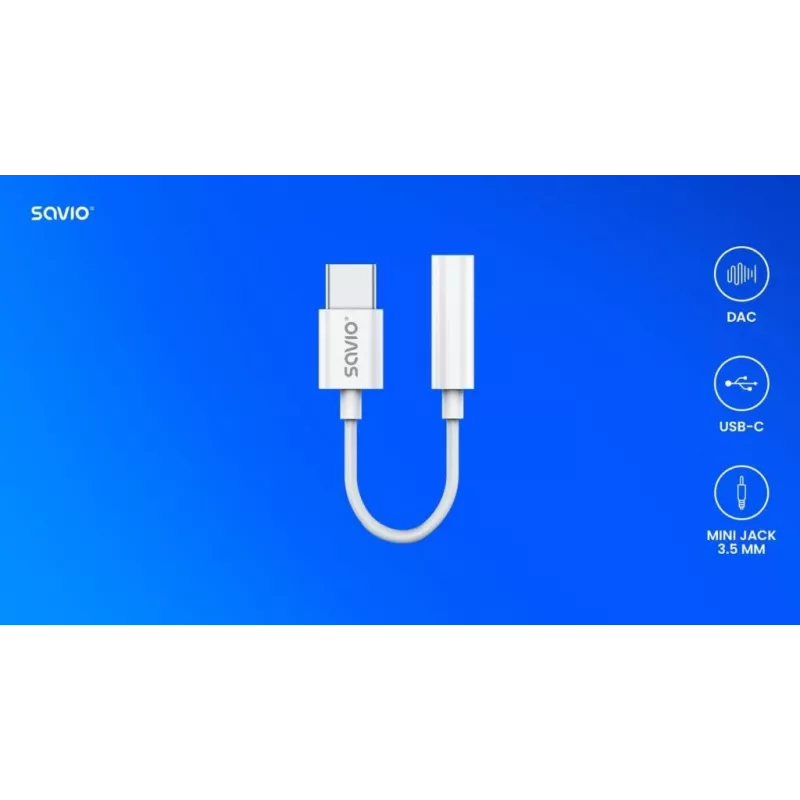 Adaptador de áudio USB Type 3.1 C (M) – Jack 3,5mm (F) branco SAVIO AK-51