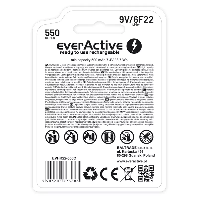 Bateria recarregável everActive 6F22/9V Li-ion 550 mAh com USB TYPE C