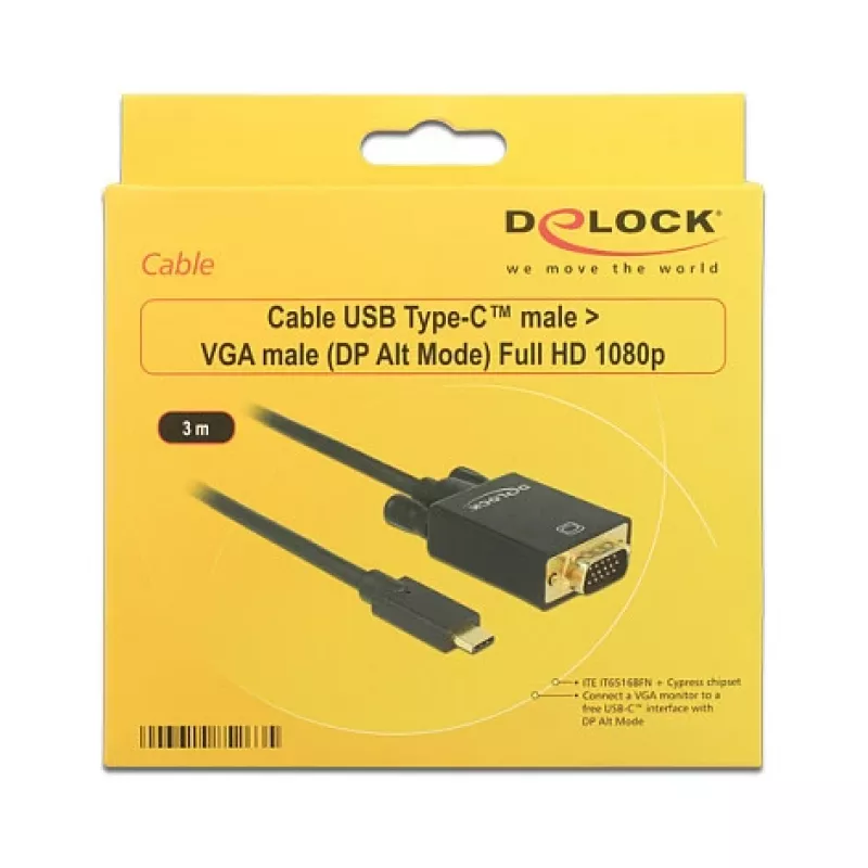 Adaptador de cabo de vídeo DeLOCK 85263 USB Type-C para VGA 3m preto