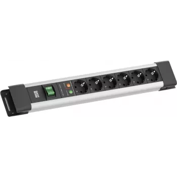 Régua de tomadas Bachmann CONNECTUS com 6x tomadas CEE7/3, 1x proteção contra sobretensões SPD, 1x interruptor, cabo de 2,0 m, ficha CEE7/7, cinzento