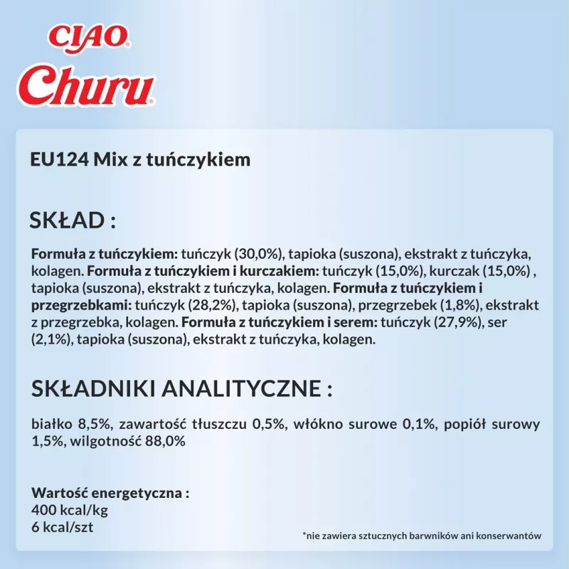 Snacks húmidos para gatos INABA Churu caixa sortida — atum, 20 x 14 g saquetas, pasta, humidade 88 %, proteína 8,5 %