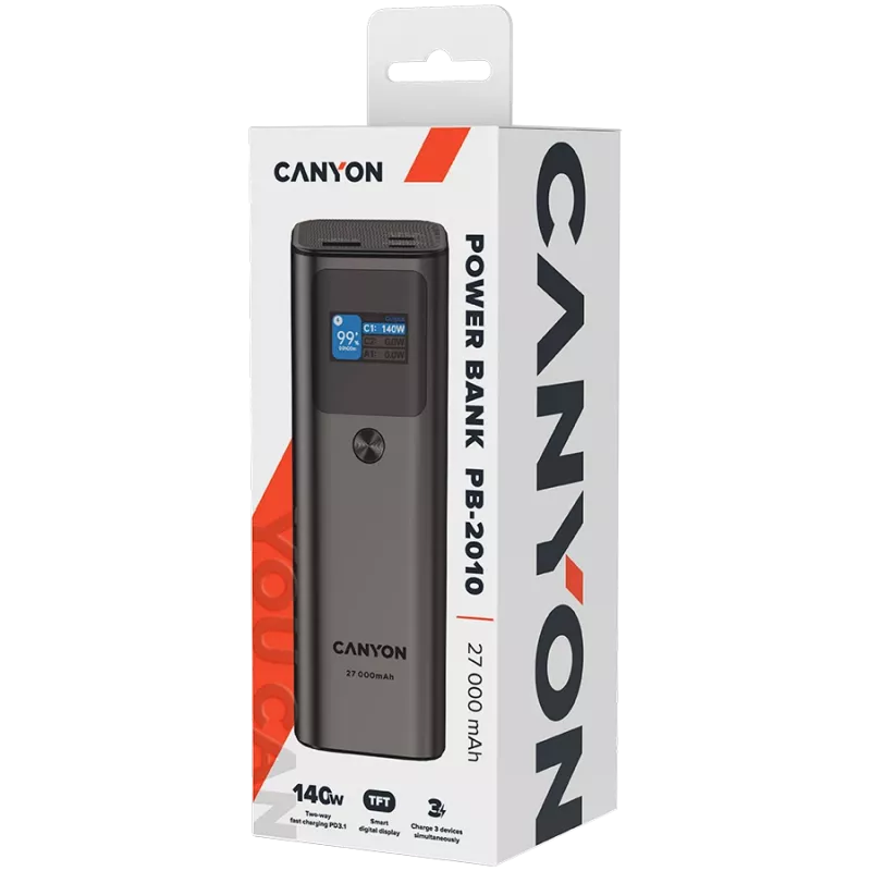Canyon PB-2010 - Powerbank - Li-Pol - 27.000 mAh - ecrã digital - 2xUSB-C + 1xUSB-A - Power