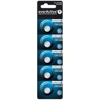 Pilha de lítio tipo botão everActive CR1220 — 3V, 40 mAh, 12,5×2 mm, descartável, 5 unid.