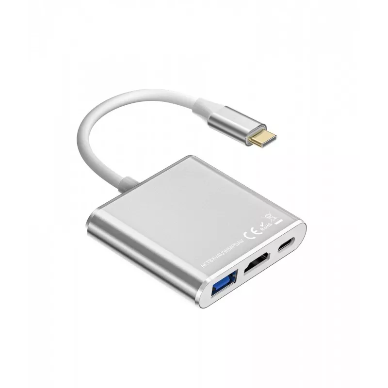 Adaptador-Hub USB-C TB AKTBXVAU3HMPDAV — 3-em-1: HDMI + USB-A + USB-C PD, Prateado