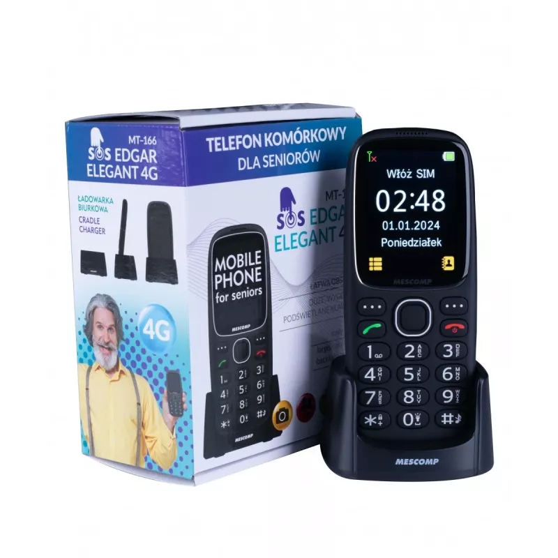 Telemóvel Mescomp MT-166 Edgar, elegante, para seniores, 4G, preto