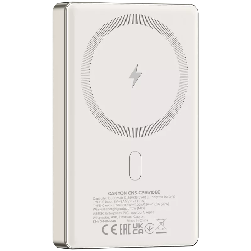 Canyon OnCharge 510 - Powerbank - 10.000 mAh - entrada USB-C - saída USB-C PD 20W + Wireless Magnet