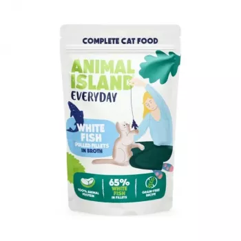 Alimento húmido para gatos animal island Everyday Filetes de peru e peixe branco em caldo 4×85 g saquetas (4×85 g)