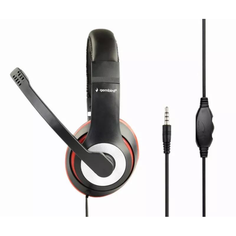Headset gaming com fios GEMBIRD MHS-03-BKRD — binaural, circum-aural, 3,5 mm, cabo de 1,8 m, vermelho/preto