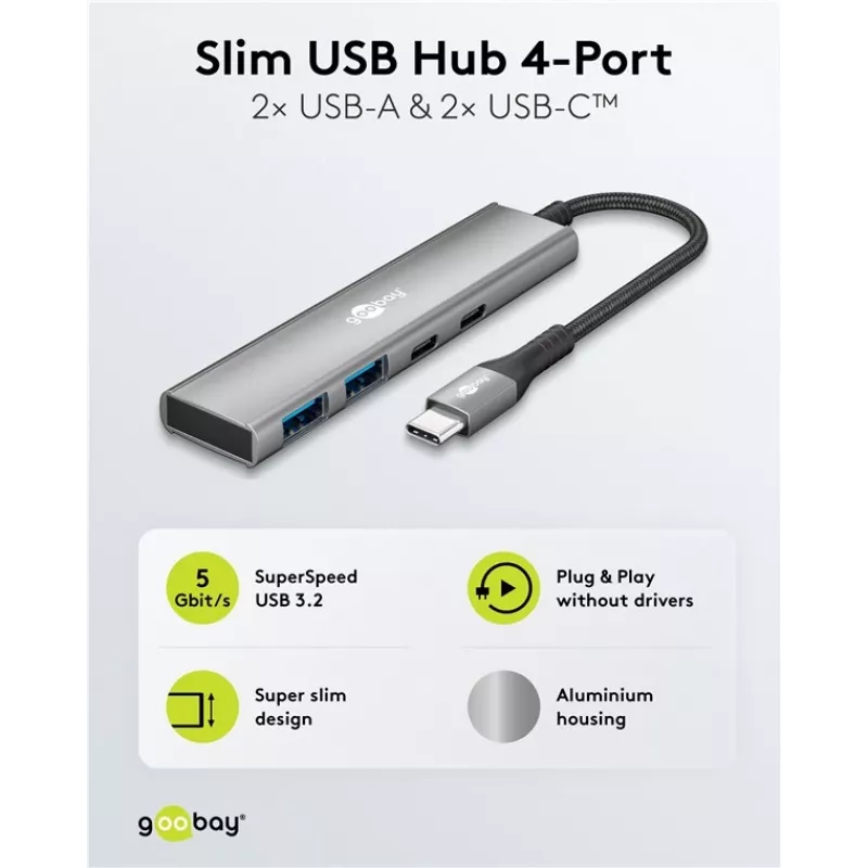 Goobay hub USB slim de 4 portas USB-C macho/USB-A 5 Gbit/s - ficha USB 3.2 (76563)