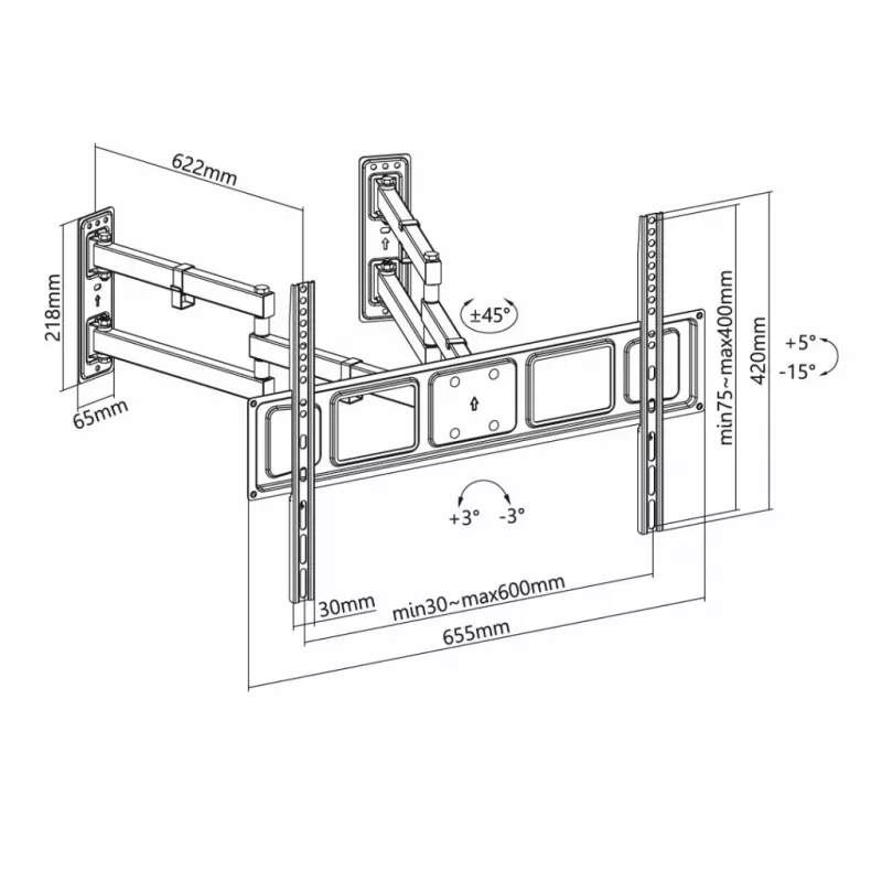 Suporte de parede para TV ART AR-85 para televisores de 32–70 polegadas, até 45 kg, inclinável -15–5°, orientável 45°, extensão 118–622 mm, VESA 75x75–600x400