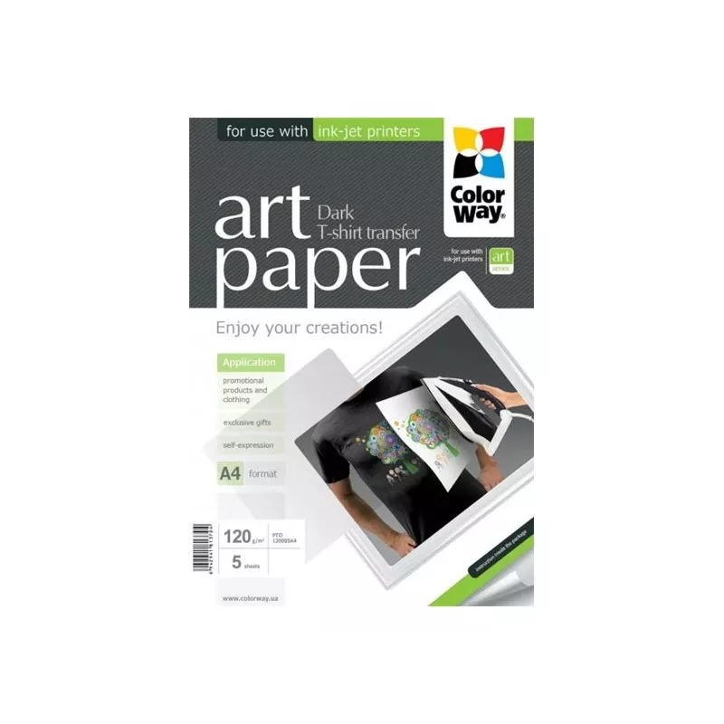Papel fotográfico para transferência de t-shirts ColorWay PTD120005A4 — A4, 120 g/m², 5 folhas (para tecidos escuros)