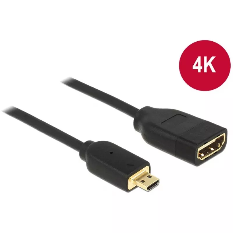 Cabo DELOCK HDMI Micro D macho > HDMI A fêmea High Speed com Ethernet 3D 4K 20cm Premium Slim