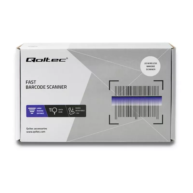 Leitor de códigos de barras manual QOLTEC 50868 — leitor laser 1D/2D, USB com e sem fios, distância de trabalho 600 mm, preto