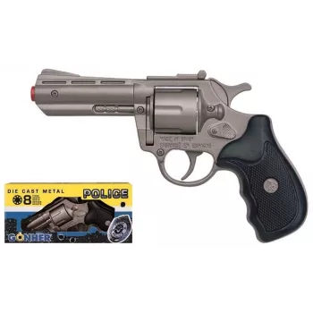 Revólver de metal de brinquedo Pulio Police 33/0 (modelo 15533) – construção em metal, disparo de projétil de brinquedo