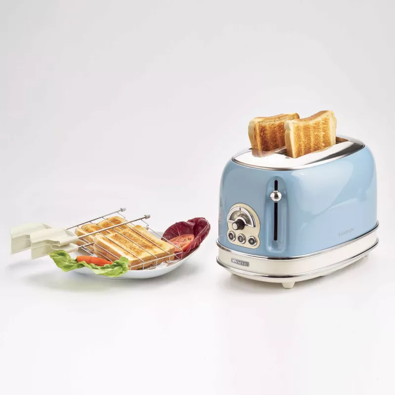 Torradeira Ariete 155 Design 2 fatias com cestos para sanduíches, 6 níveis de tostagem, 810 W, caixa em aço inoxidável, gaveta de migalhas removível, azul pastel