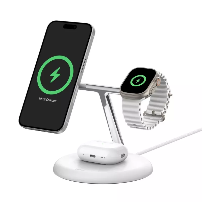 Belkin BoostCharge Pro 3 em 1 estação de carregamento sem fios com Qi2, branco (WIZ023VFWH)