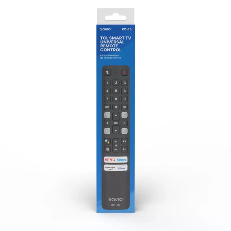 Comando à distância universal SAVIO RC-15 para TCL SMART TV, IR sem fios, preto, alcance 10 m
