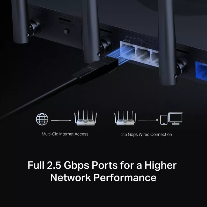 Router de mesa MERCUSYS MR47BE — Wi‑Fi 7 tri‑banda (2,4/5/6 GHz), 9300 Mbit/s, 3× RJ‑45, 2,5GbE, 6 antenas externas