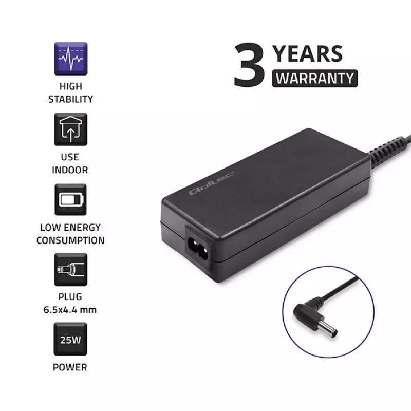 Fonte de alimentação Qoltec 51774 para monitor LG 25W | 1,3A | 19V | 6,5 * 4,4 + cabo de alimentação