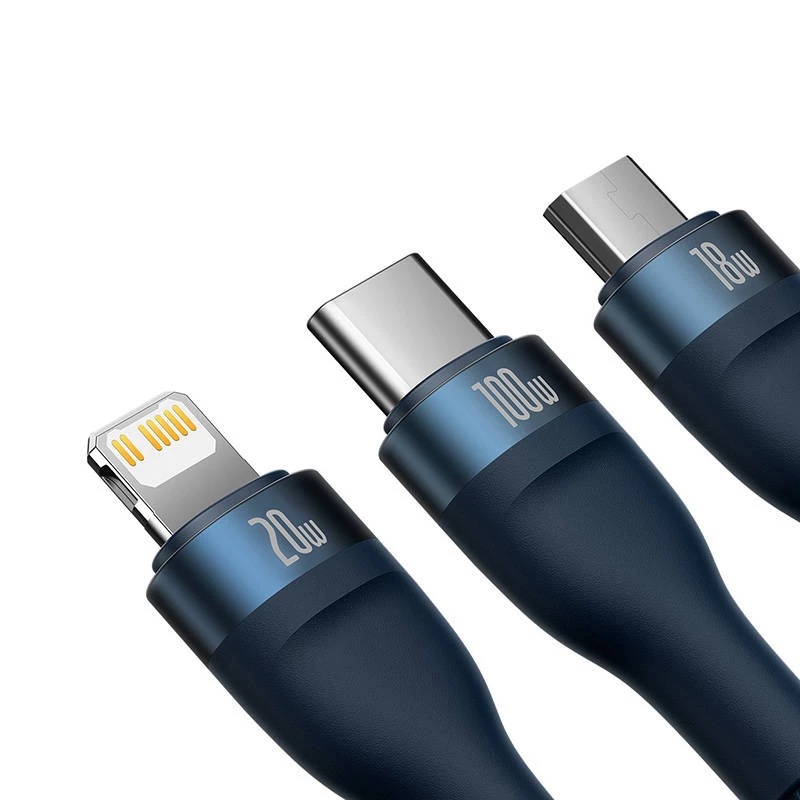 Cabo USB 3em1 Baseus Flash Series 2, USB-C + Micro-USB + Lightning, 100 W, 1,5 m (azul)