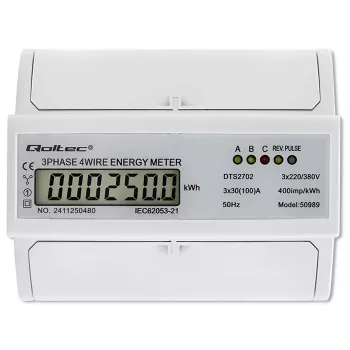 Contador eletrónico bidirecional trifásico Qoltec | Contador de consumo de energia para calha DIN | 400V | 100A | LCD | 4P
