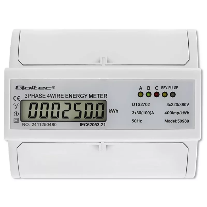 Contador eletrónico bidirecional trifásico Qoltec | Contador de consumo de energia para calha DIN | 400V | 100A | LCD | 4P