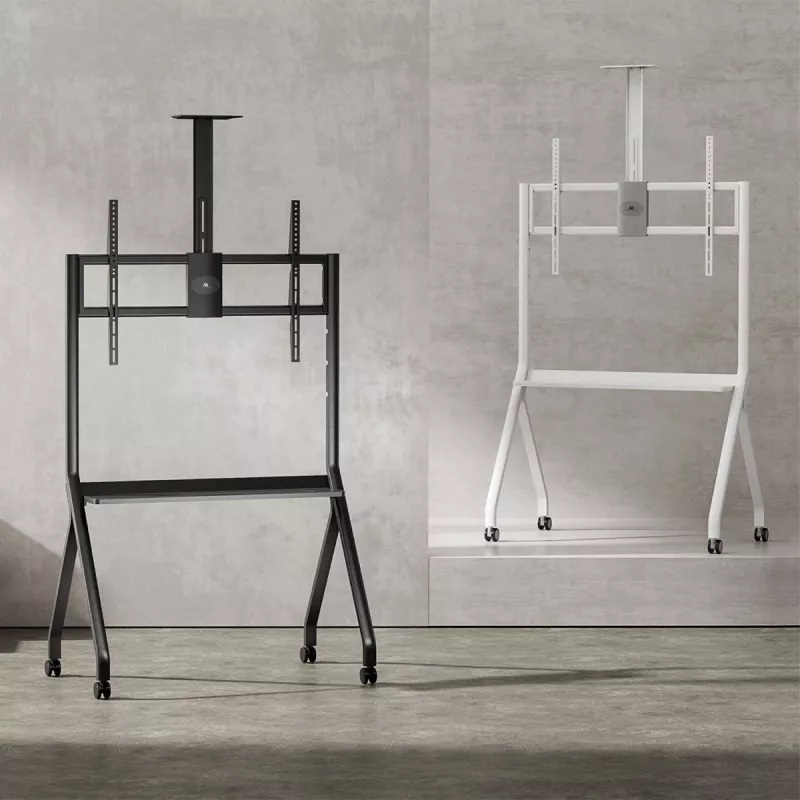 Suporte de TV de chão MACLEAN MC-114 W para ecrãs 55-100 polegadas, branco, VESA até 900x600, carga máxima 120 kg, altura 115–152 cm, prateleira