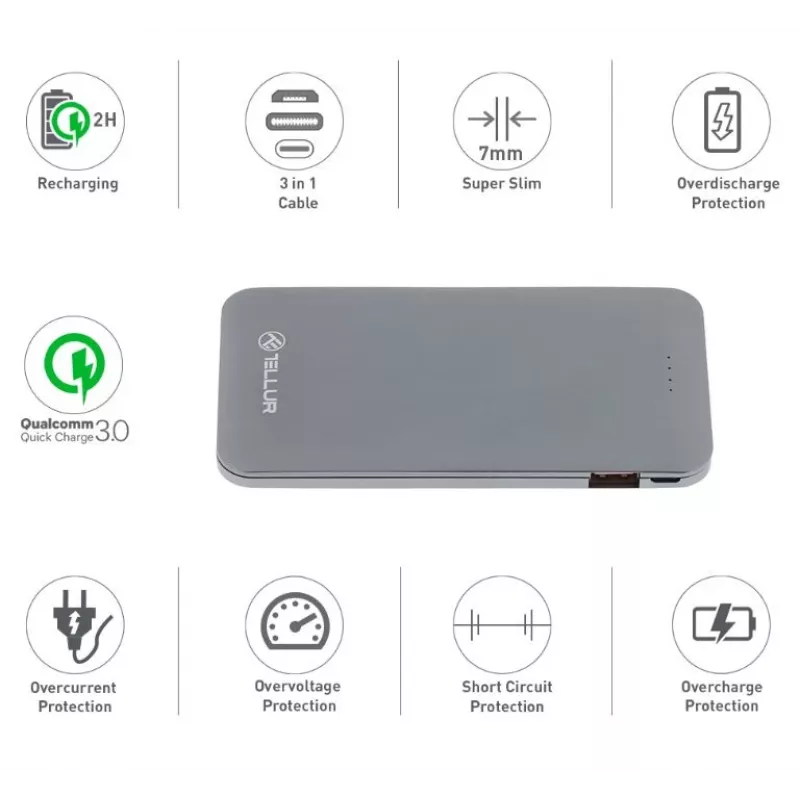 Powerbank portátil Tellur QC 3.0 carregamento rápido, 5000 mAh